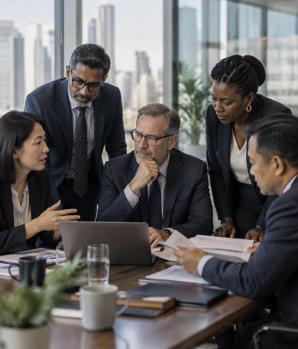An international group of senior professionals in a working discussion around a table