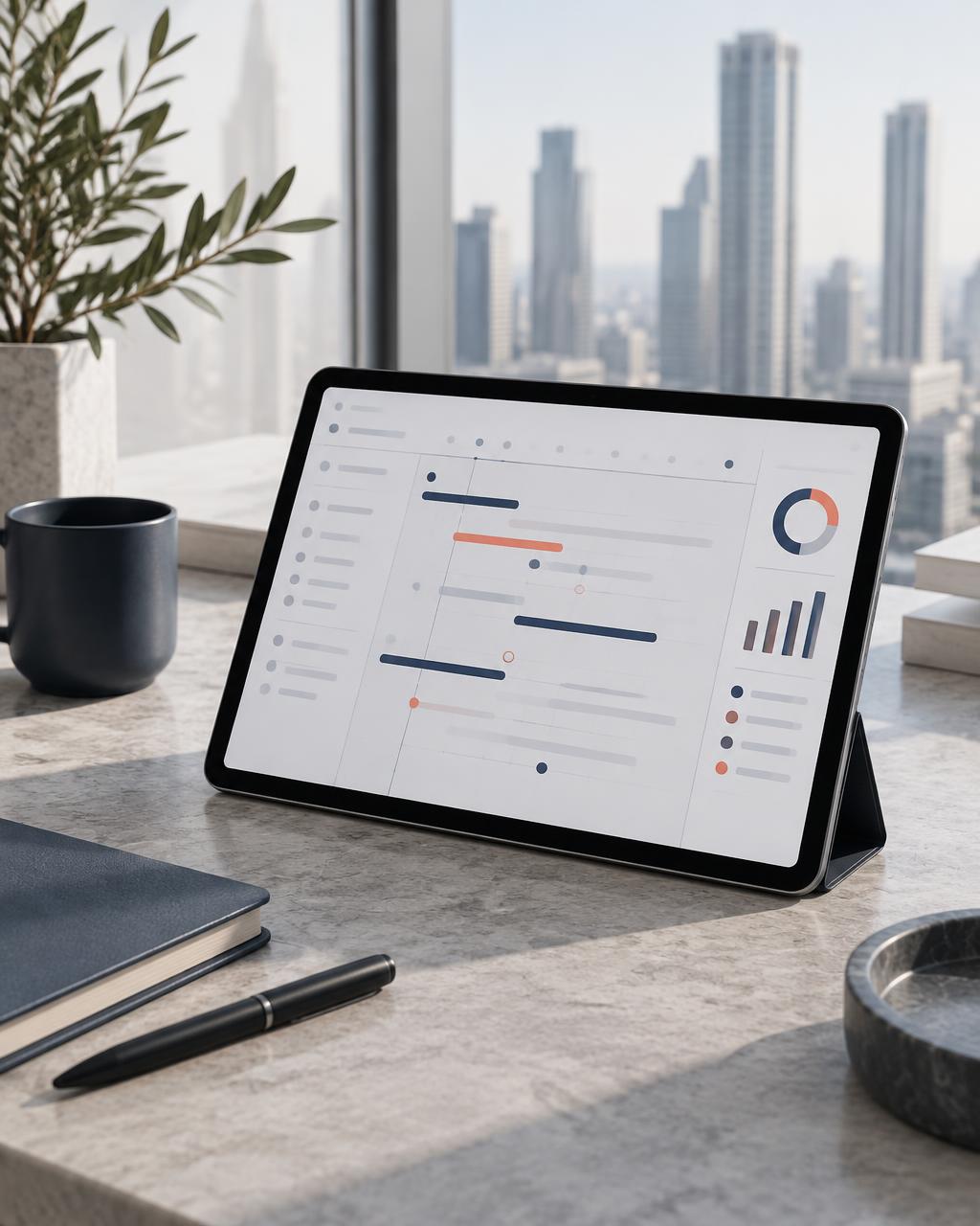 Tablet showing an abstract planning interface on a desk by a city window