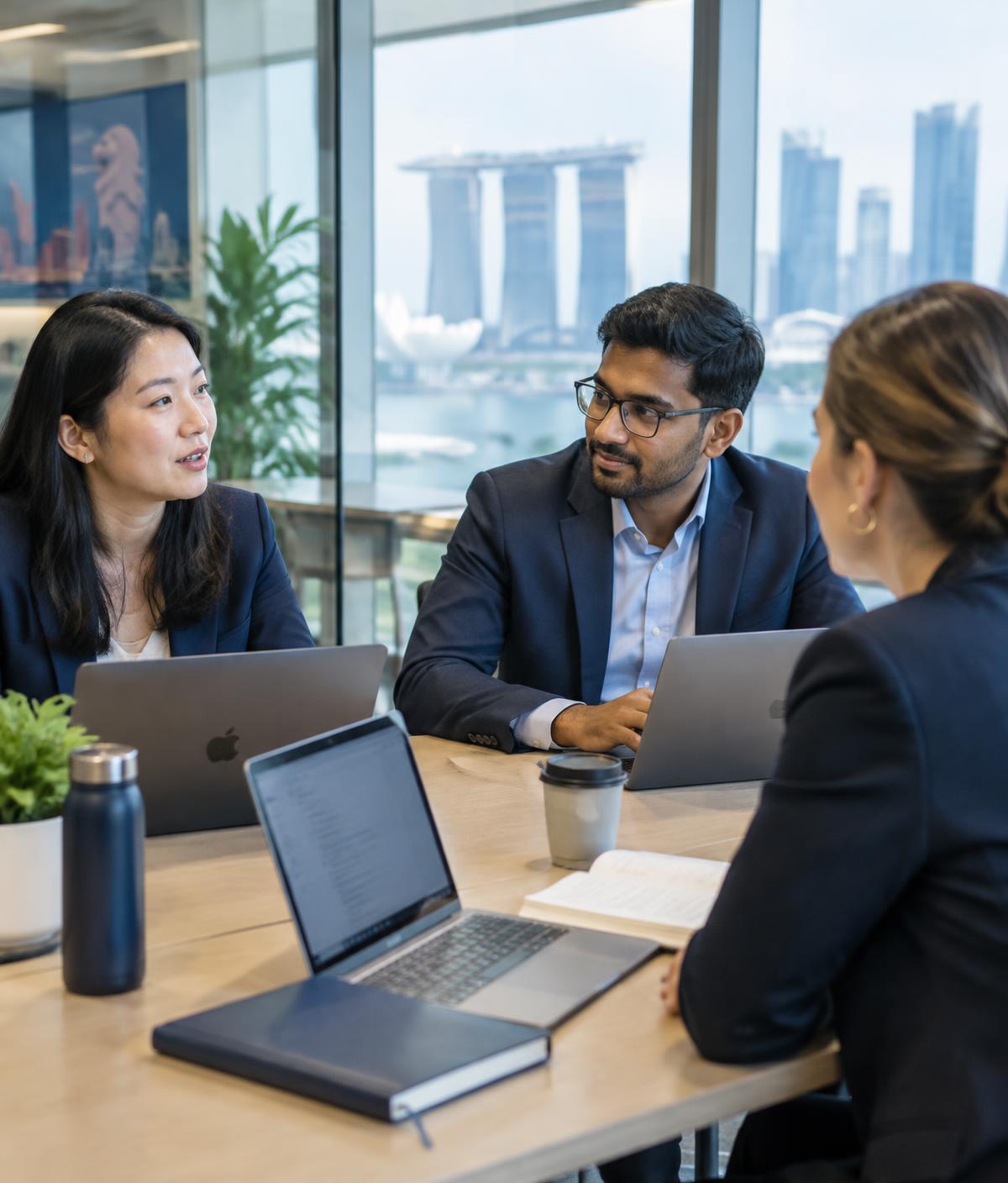 Professionals in a working session at a table with laptops in a Singapore office