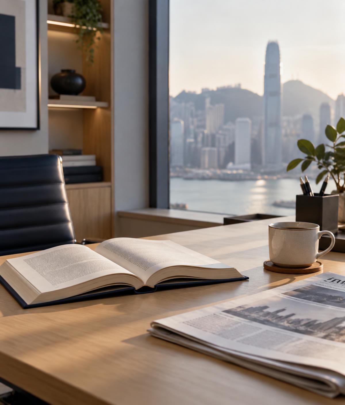 An open book and printed reading on a desk overlooking a harbor skyline